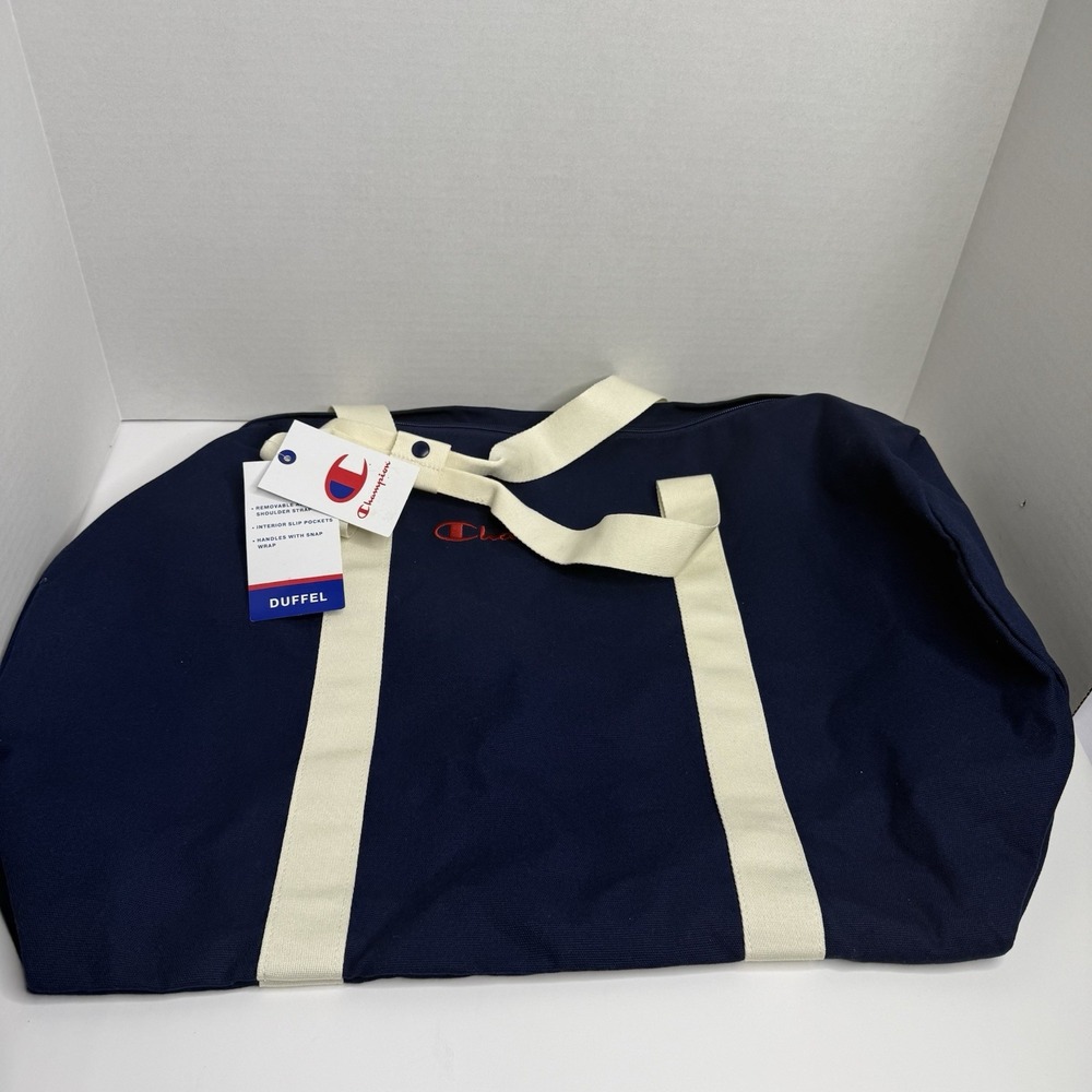 Champion Navy Blue Canvas Duffel Bag Cream Straps Removable Strap CV2-2099 NWT